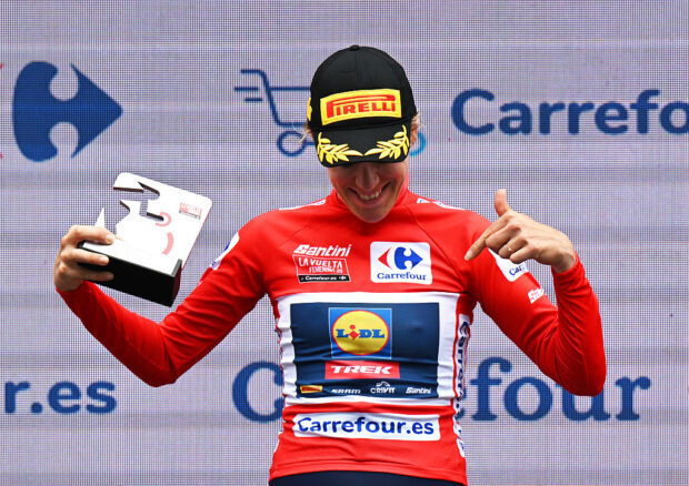 BARCELONA SPAIN MAY 04 Ellen van Dijk of Netherlands and Team Lidl Trek celebrates at podium as Red Leader Jersey winner during the 11th La Vuelta Femenina 2025 Stage 1 a 81km team time trial stage from Barcelona to Barcelona UCIWWT on May 04 2025 in Barcelona Spain Photo by Szymon GruchalskiGetty Images