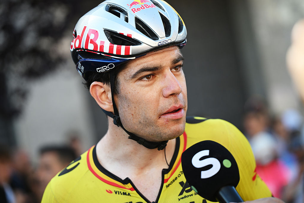 Wout van Aert speaks with the press at the 2025 Giro d'Italia