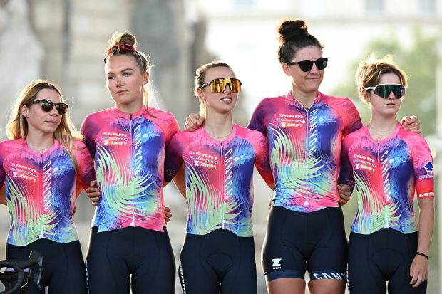 BARCELONA SPAIN MAY 03 LR Maike van der Duin of Netherlands Katarzyna Niewiadoma of Poland Chloe Dygert of The United States and Team CANYONGRAM zondacrypro with teammates during the Team Presentation prior to the 11th La Vuelta Femenina 2025 UCIWWT on May 03 2025 in Barcelona Spain Photo by Szymon GruchalskiGetty Images