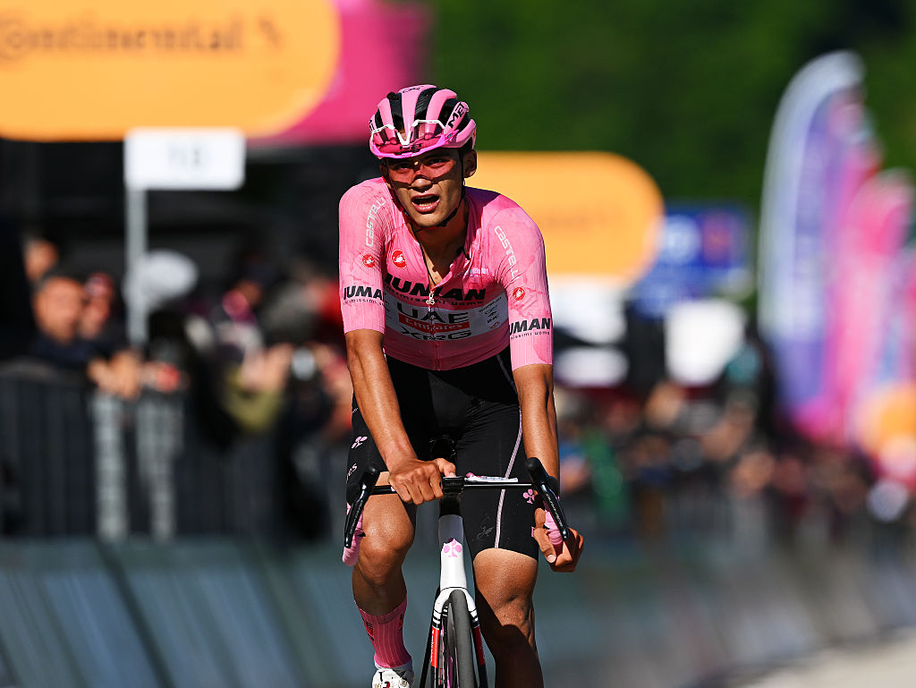 SAN VALENTINO ITALY MAY 27 Isaac Del Toro of Mexico and Team UAE Team Emirates XRG Pink Leader Jersey crosses the finish line during the 108th Giro dItalia 2025 Stage 16 a 203km stage from Piazzola sul Brenta to San Valentino Brentonico 1316m UCIWT on May 27 2025 in San Valentino Italy Photo by Tim de WaeleGetty Images