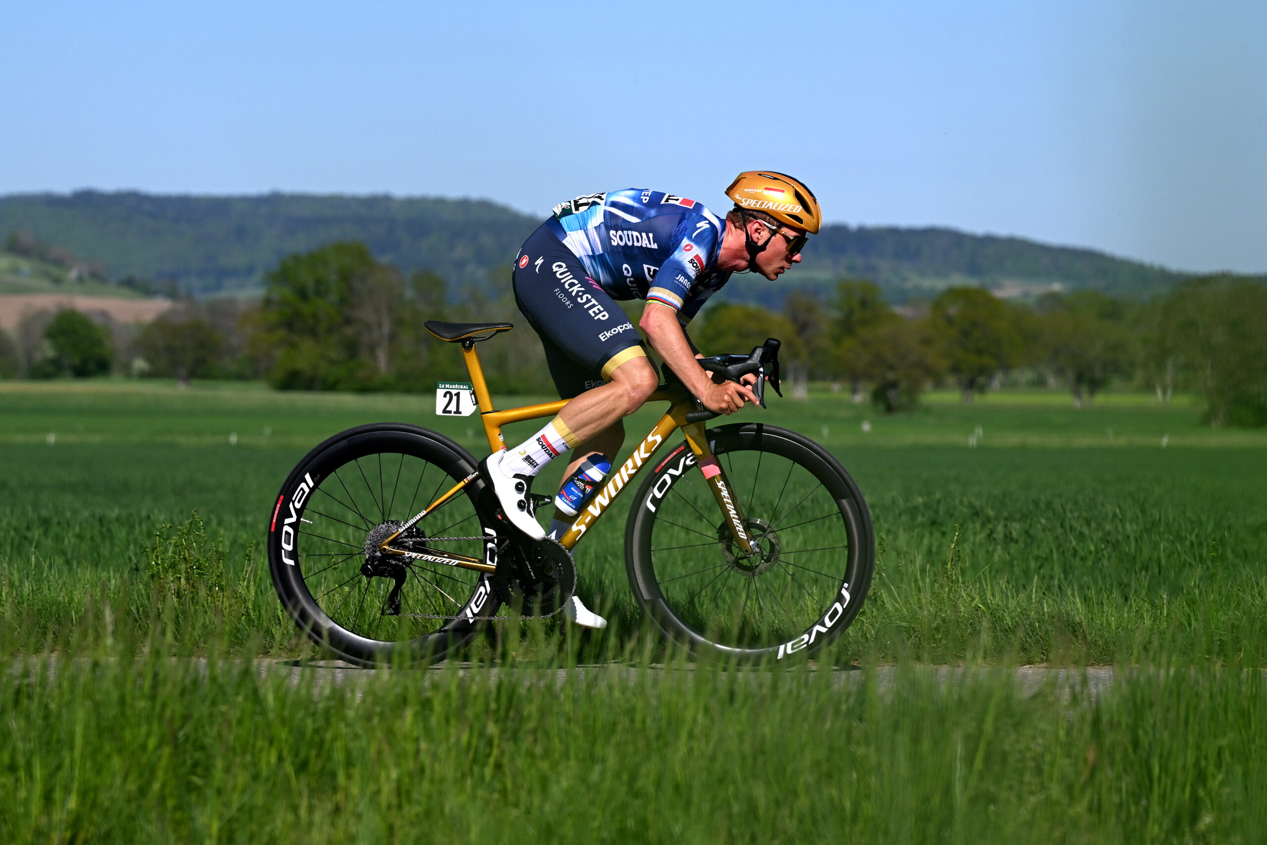 LA GRANDE BEROCHE, SWITZERLAND - MAY 01: Remco Evenepoel of Belgium and Team Soudal Quick-Step competes during the 78th Tour De Romandie 2025, Stage 2 a 157km stage from La Grande Beroche to La Grande Beroche / #UCIWT / on May 01, 2025 in La Grande Beroche, Switzerland. (Photo by Dario Belingheri/Getty Images)