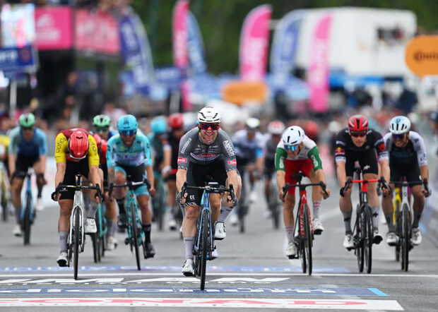 NAPOLI ITALY MAY 15 LR Milan Fretin of Belgium and Team Cofidis stage winner Kaden Groves of Australia and Team Alpecin Deceuninck Giovanni Lonardi of Italy and Team Polti VisitMalta and Maikel Zijlaard of Netherlands and Team Tudor Pro Cycling sprint at finish line during the 108th Giro dItalia 2025 Stage 6 a 227km stage from Potenza to Napoli UCIWT on May 15 2025 in Potenza Italy Photo by Tim de WaeleGetty Images