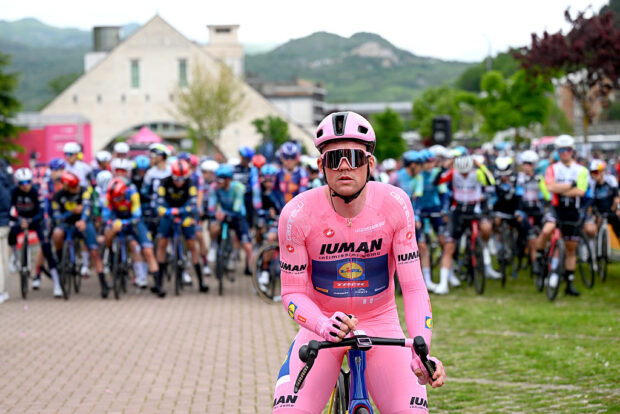 CASTEL DI SANGRO ITALY MAY 16 Mads Pedersen of Denmark and Team Lidl Trek Pink Leader Jersey prior to the 108th Giro dItalia 2025 Stage 7 a 168km stage from Castel di Sangro to Tagliacozzo Marsia 1424m UCIWT on May 16 2025 in Castel di Sangro Italy Photo by Tim de WaeleGetty Images