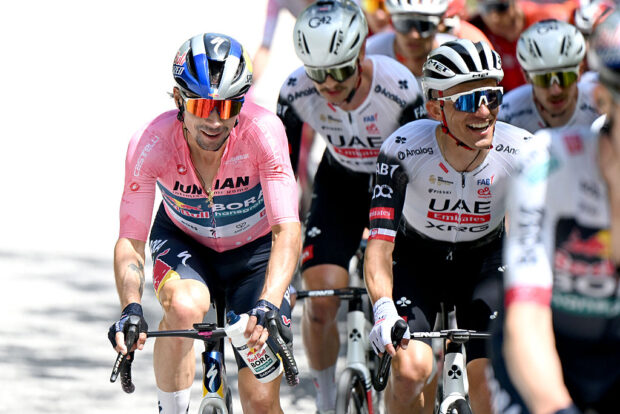 Giro d'Italia 2025: Primoz Roglic of Slovenia Pink Leader Jersey and Rafal Majka of Poland and Team UAE Team Emirates XRG compete during the 108th Giro dItalia 2025 Stage 8 a 197km stage from Giulianova to Castelraimondo UCIWT on May 17 2025 in Castelraimondo Italy Photo by Dario BelingheriGetty Images