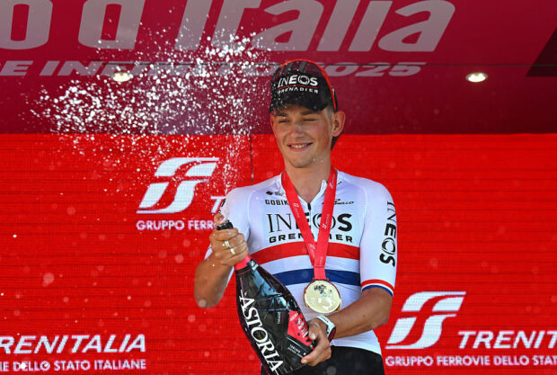 TIRANA ALBANIA MAY 10 Joshua Tarling of Great Britain and Team INEOS Grenadiers celebrates at podium as stage winner during the 108th Giro dItalia 2025 Stage 2 a 137km individual time trial stage from Tirana to Tirana UCIWT on May 10 2025 in Tirana Albania Photo by Tim de WaeleGetty Images