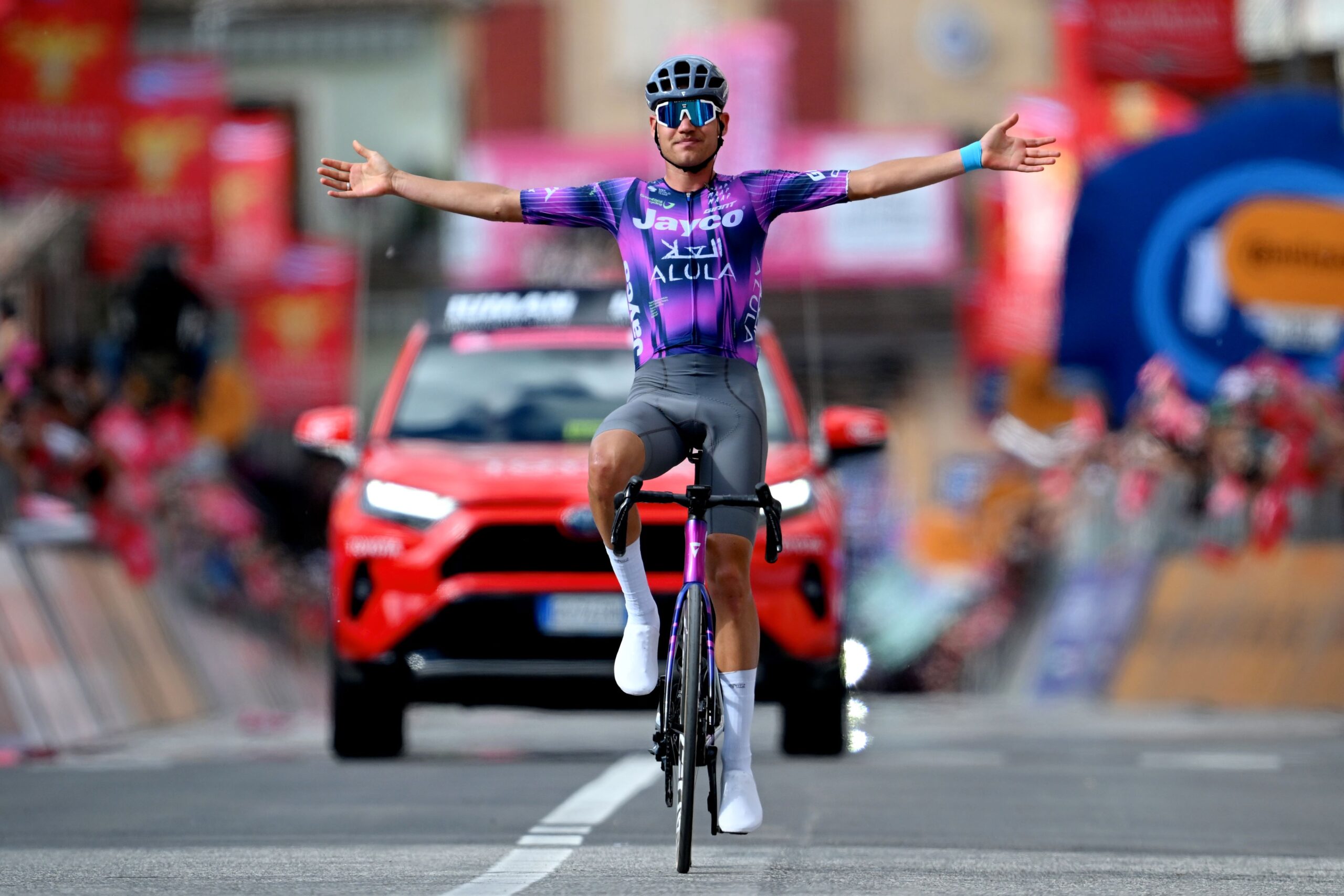 CASTELRAIMONDO, ITALY - MAY 17: Luke Plapp of Australia and Team Jayco AlUla celebrates at finish line as stage winner during the 108th Giro d'Italia 2025, Stage 8 a 197km stage from Giulianova to Castelraimondo / #UCIWT / on May 17, 2025 in Castelraimondo, Italy. (Photo by Tim de Waele/Getty Images)