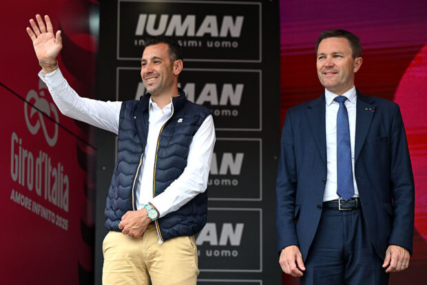 TIRANA ALBANIA MAY 09 LR Exprofessional cyclist Vincenzo Nibali of Italy and David Lappartient President of the UCI World Tour during the 108th Giro dItalia 2025 Stage 1 a 160km stage from Durres to Tirana UCIWT on May 09 2025 in Tirana Albania Photo by Dario BelingheriGetty Images