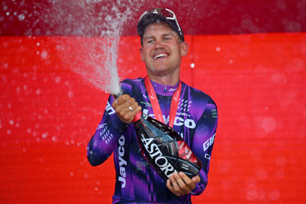 Giro d'Italia 2025: Luke Plapp of Australia and Team Jayco AlUla celebrates at finish line as stage winner during the 108th Giro dItalia 2025 Stage 8 a 197km stage from Giulianova to Castelraimondo UCIWT on May 17 2025 in Castelraimondo Italy Photo by Tim de WaeleGetty Images