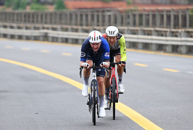 Protesters stepped out in front of breakaway riders Enzo Paleni and Taco van der Hoorn in the final kilometres of stage 6 of the Giro d'italia