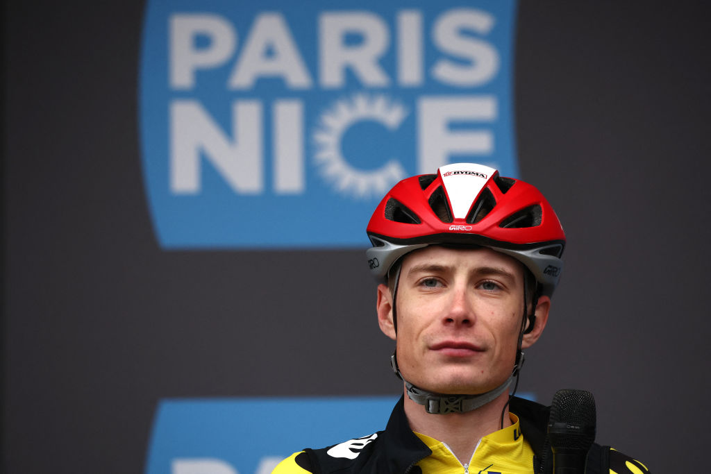 Team Visma-Lease a Bike's Danish rider Jonas Vingegaard reacts prior to the start of the 5th stage of the Paris-Nice cycling race, 203,3 km between Saint-Just-en-Chevalet and La CÃ´te-Saint-AndrÃ©, on March 13, 2025. (Photo by Anne-Christine POUJOULAT / AFP)