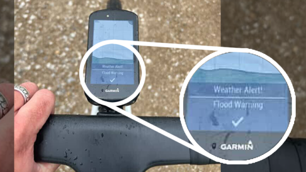 A flood warning shows up on a Garmin bike computer