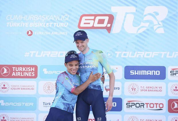 IZMIR TURKIYE MAY 4 Leader of general classification Wout Poels R of XDS Astana Team congratulates second place winner Harold Martin Lopez in the general classification celebrates after the 8th stage between Cesme and Izmir within the 60th Presidential Cycling Tour of Turkiye which is Turkiyes only cycling race in the ProSeries category and consists of 8 stages in Izmir Turkiye on May 4 2025 Photo by Metin AktasAnadolu via Getty Images