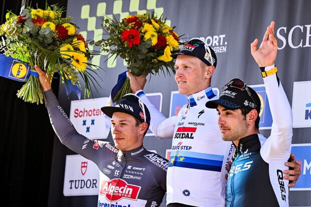 Belgian Jasper Philipsen of Alpecin-Deceuninck, Belgian Tim Merlier of Soudal Quick-Step and Italian Matteo Moschetti of Q36.5 Pro Cycling Team pictured on the podium after the men's race of the 113th edition of the 'Scheldeprijs' one day cycling event, 202,8 km from Terneuzen, the Netherlands to Schoten, Belgium on Wednesday 09 April 2025. BELGA PHOTO ERIC LALMAND (Photo by ERIC LALMAND / BELGA MAG / Belga via AFP) (Photo by ERIC LALMAND/BELGA MAG/AFP via Getty Images)