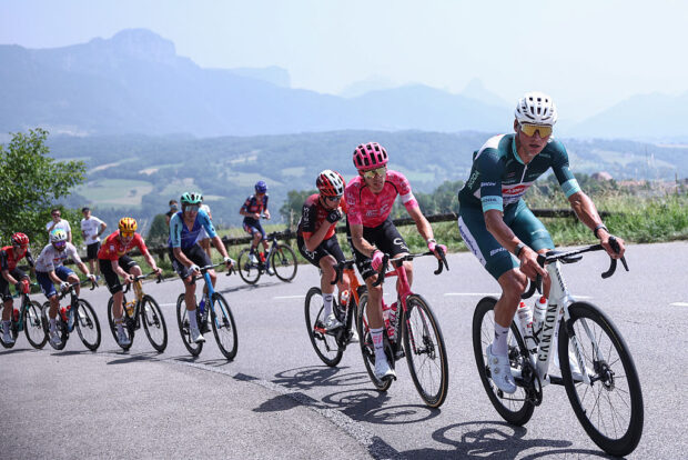 Alpecin-Deceuninck's Dutch rider Mathieu van der Poel (R) wearing the sprinter's green jersey cycles in a breakaway during the 6th stage of the 77th edition of the Criterium du Dauphine cycling race, 126,7 km between Valserhône and Combloux, on June 13, 2025. (Photo by Anne-Christine POUJOULAT / AFP) (Photo by ANNE-CHRISTINE POUJOULAT/AFP via Getty Images)