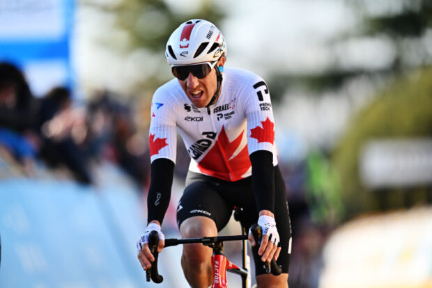 ETOILE-SUR-RHONE, FRANCE - MARCH 02: Michael Woods of Canada and Team Israel-Premier Tech crosses the finish line during the 13th Faun Drome Classic 2025 a 189km one day race from Etoile-sur-Rhone to Etoile-sur-Rhone on March 02, 2025 in Etoile-sur-Rhone, France. (Photo by Billy Ceusters/Getty Images)