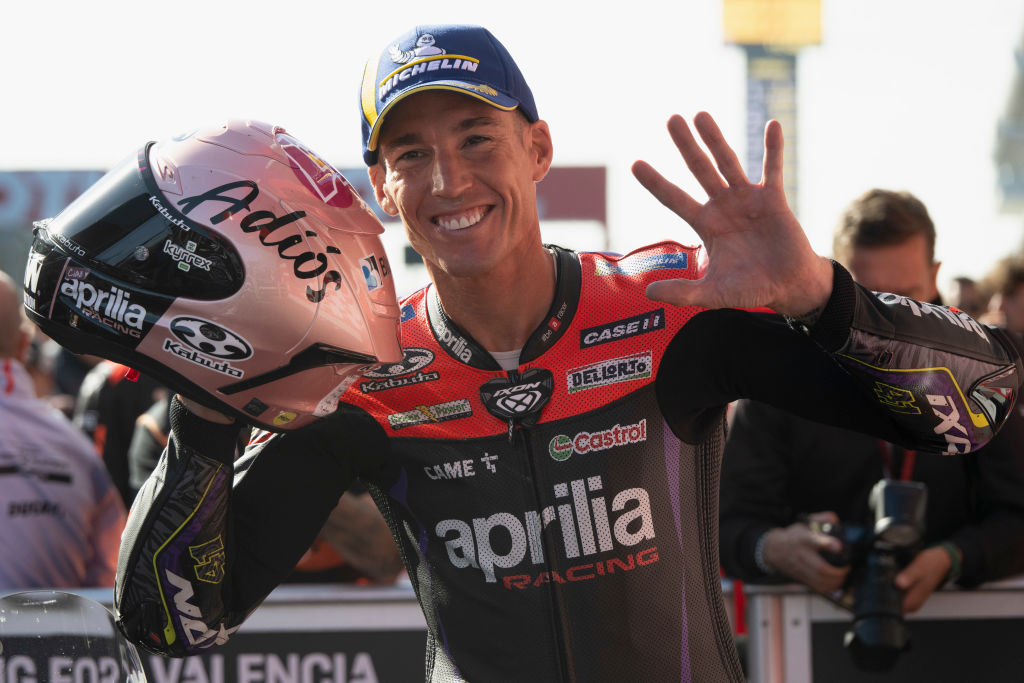 BARCELONA, SPAIN - NOVEMBER 16: Aleix Espargaro of Spain and Aprilia Racing celebrates the second place during the MotoGP qualifying practice during the Motul Solidarity Grand Prix of Barcelona - Qualifying at Circuit de Barcelona-Catalunya on November 16, 2024 in Barcelona, Spain. (Photo by Mirco Lazzari gp/Getty Images)