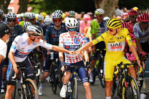 SAINT-PAUL-TROIS-CHATEAUX, FRANCE - JULY 17: (L-R) Remco Evenepoel of Belgium and Team Soudal Quick-Step - White best young jersey, Jonas Vingegaard Hansen of Denmark and Team Visma