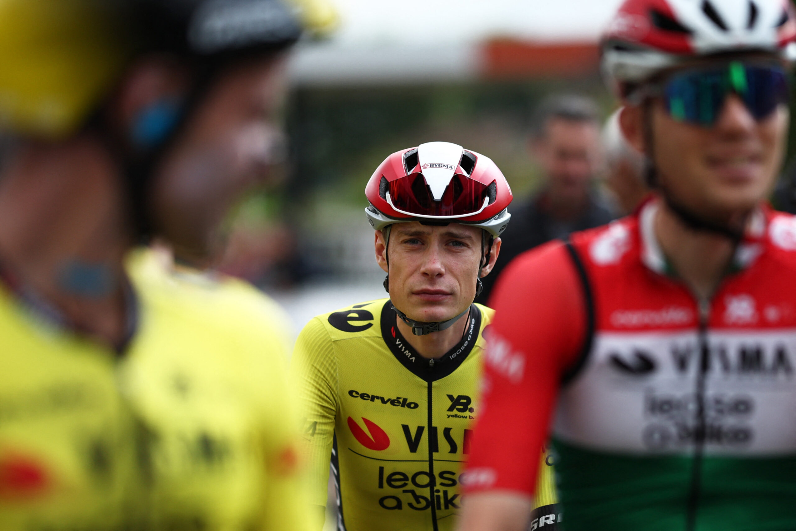 Team Visma-Lease a Bike's Danish rider Jonas Vingegaard reacts prior to the start of the 1st stage of the 77th edition of the Criterium du Dauphine cycling race, 195,8 km between DomÃ©rat and Montlucon, on June 8, 2025. (Photo by Anne-Christine POUJOULAT / AFP)