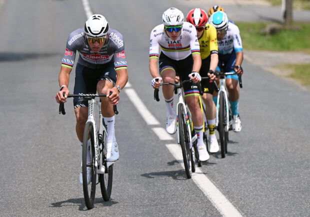 MONTLUCON, FRANCE - JUNE 08: (L-R) Mathieu van der Poel of Netherlands and Team Alpecin - Deceuninck, Tadej Pogacar of Slovenia and UAE Team Emirates - XRG, Jonas Vingegaard of Denmark and Team Visma