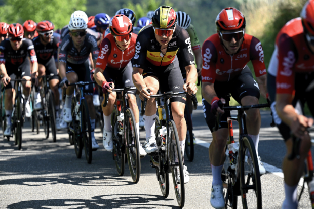 NEUHAUSEN AM RHEINFALL, SWITZERLAND - JUNE 20: Arnaud De Lie of Belgium and Team Lotto competes during the 88th Tour de Suisse 2025, Stage 6 a 186.7km stage from Chur to Neuhausen am Rheinfall / #UCIWT / on June 20, 2025 in Neuhausen am Rheinfall, Switzerland. (Photo by Tim de Waele/Getty Images)