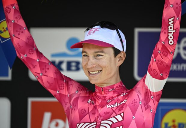 American Neilson Powless of EF Education-EasyPost celebrates on the podium after winning the men elite race of the 'Dwars Door Vlaanderen' cycling event, 184,2km from Roeselare to Waregem, Wednesday 02 April 2025. BELGA PHOTO JASPER JACOBS (Photo by JASPER JACOBS / BELGA MAG / Belga via AFP) (Photo by JASPER JACOBS/BELGA MAG/AFP via Getty Images)