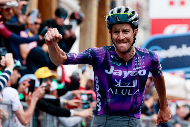 Chris Harper (Jayco-AlUla) celebrates as he crosses the finish line as stage 20 winner at 2025 Giro d'Italia