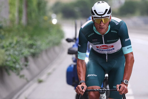 Alpecin-Deceuninck's Dutch rider Mathieu van der Poel wearing the sprinter's green jersey cycles leading the race in a breakaway during the 8th and final stage of the 77th edition of the Criterium du Dauphine cycling race, 133,3 km between Val-d'Arc and Val-Cenis - Plateau du Mont Cenis, on June 15, 2025. (Photo by Anne-Christine POUJOULAT / AFP) (Photo by ANNE-CHRISTINE POUJOULAT/AFP via Getty Images)