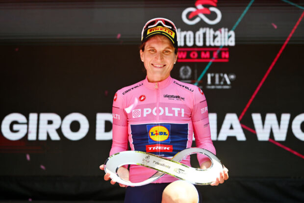 Elisa Longo Borghini of Italy and Team Lidl - Trek - Pink Leader Jersey celebrates at podium as overall final race winner during the 35th Giro d'Italia Women 2024, Stage 8 a 117km stage from Pescara to L'Aquila / #UCIWWT / on July 14, 2024 in L'Aquila, Italy. (Photo by Luc Claessen/Getty Images)