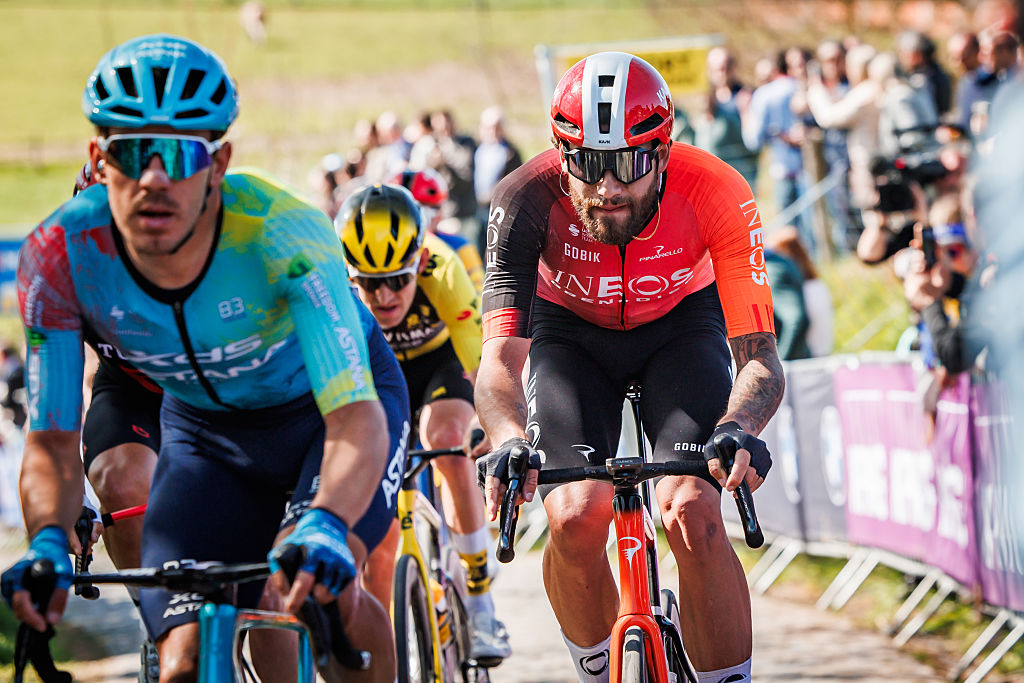 OUDENAARDE BELGIUM APRIL 6 Davide Ballerini of XDS Astana Team of Italy Filippo Ganna of INEOS Grenadiers of Italy Tiesj Benoot of Team Visma Lease a Bike of Belgium during the match between Ronde van Vlaanderen v Mens Elite at the Oudenaarde on April 6 2025 in Oudenaarde Belgium Photo by Pim WaslanderSoccratesGetty Images