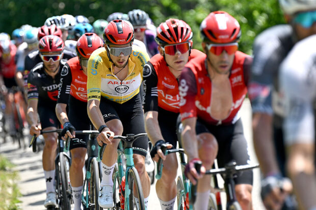 NEUHAUSEN AM RHEINFALL, SWITZERLAND - JUNE 20: Kevin Vauquelin of France and Team Arkea - B&amp;B Hotels - Yellow Leader Jersey competes during the 88th Tour de Suisse 2025, Stage 6 a 186.7km stage from Chur to Neuhausen am Rheinfall / #UCIWT / on June 20, 2025 in Neuhausen am Rheinfall, Switzerland. (Photo by Tim de Waele/Getty Images)