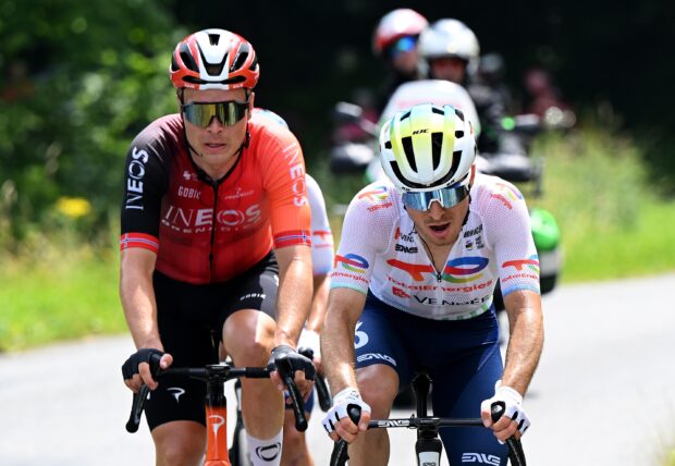 MACON, FRANCE - JUNE 12: (L-R) Tobias Foss of Norway and Team INEOS Grenadiers and Matteo Vercher of France and Team TotalEnergies compete in the chase group during the 77th Criterium du Dauphine 2025, Stage 5 a 183km stage from Saint-Priest to Macon / #UCIWT / on June 12, 2025 in Macon, France. (Photo by Dario Belingheri/Getty Images)