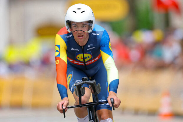 Lidl - Trek team's Danish rider Mads Pedersen cycles past the finish line of the 7th stage of the 111th edition of the Tour de France cycling race, 25,3 km individual time trial between Nuits-Saint-Georges and Gevrey-Chambertin, on July 5, 2024. (Photo by Thomas SAMSON / AFP) (Photo by THOMAS SAMSON/AFP via Getty Images)