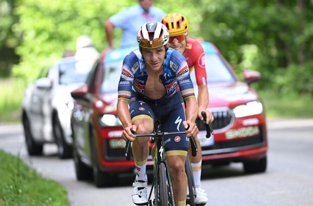 VALMEINIER 1800, FRANCE - JUNE 14: Remco Evenepoel of Belgium and Team Soudal Quick-Step competes in the chase group during the 77th Criterium du Dauphine 2025, Stage 7 a 131.6km stage from Grand-Algueblanche to Valmeinier 1800 (1830m) / #UCIWT / on June 14, 2025 in Valmeinier 1800, France. (Photo by Dario Belingheri/Getty Images)