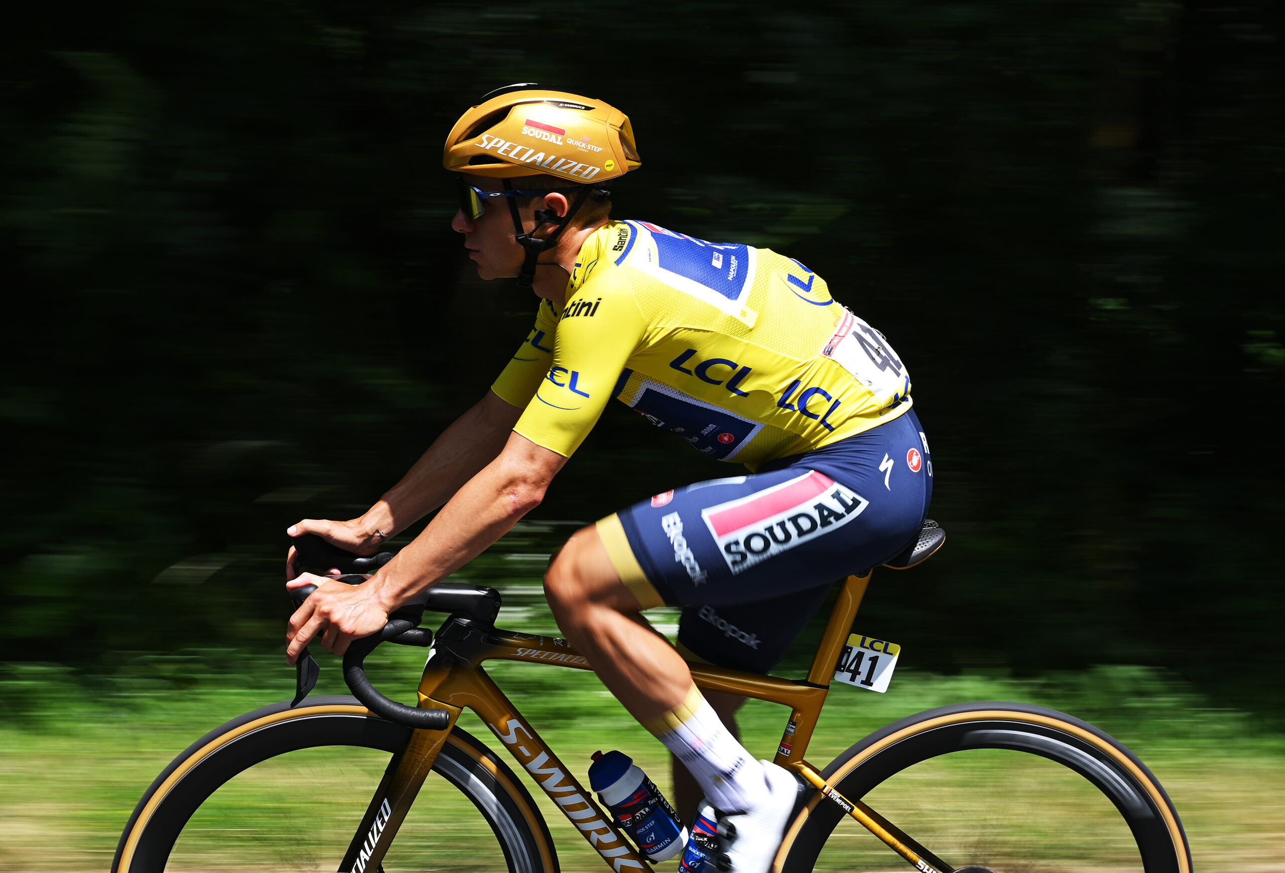 MACON, FRANCE - JUNE 12: Remco Evenepoel of Belgium and Team Soudal Quick-Step - Yellow leader jersey competes during the 77th Criterium du Dauphine 2025, Stage 5 a 183km stage from Saint-Priest to Macon / #UCIWT / on June 12, 2025 in Macon, France. (Photo by Dario Belingheri/Getty Images)
