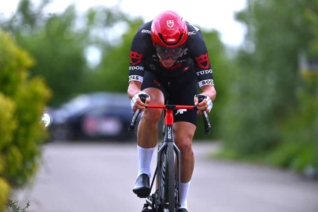 LAVAL FRANCE MAY 23 Simon Pellaud of Switzerland and Tudor Pro Cycling Team sprints during the 49th Boucles de la Mayenne 2024 Prologue a 54km individual time trial stage from Espace Mayenne Laval to Espace Mayenne Laval on May 23 2024 in Laval France Photo by Luc ClaessenGetty Images