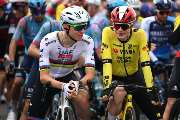 DOMERAT, FRANCE - JUNE 08: (L-R) Tadej Pogacar of Slovenia and UAE Team Emirates - XRG and Jonas Vingegaard of Denmark and Team Visma