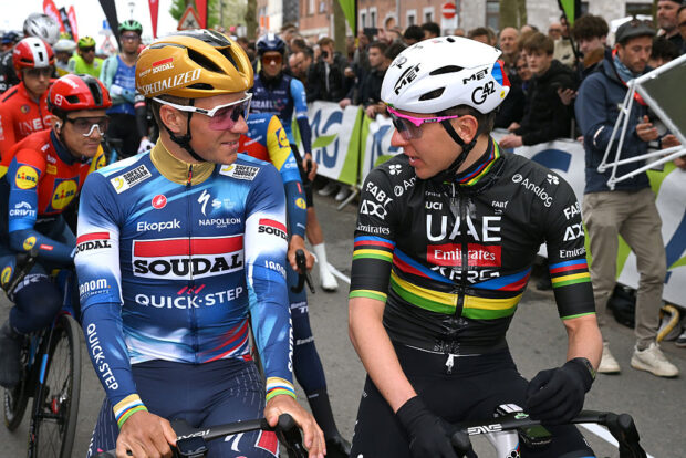 CINEY, BELGIUM - APRIL 23: (L-R) Remco Evenepoel of Belgium and Team Soudal Quick-Step and Tadej Pogacar of Slovenia and UAE Team Emirates XRG prior to the 89th La Fleche Wallonne 2025 a 205.1km one day race from Ciney to Huy / #UCIWT / on April 23, 2025 in Ciney, Belgium. (Photo by Dario Belingheri/Getty Images)