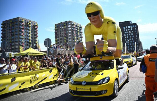 A vehicle from the Tour de France publicy caravan drives along the race route at the start of the 3rd stage of the 109th edition of the Tour de France cycling race, 182 km between Vejle and Sonderborg, in Denmark, on July 3, 2022. (Photo by Anne-Christine POUJOULAT / AFP) (Photo by ANNE-CHRISTINE POUJOULAT/AFP via Getty Images)