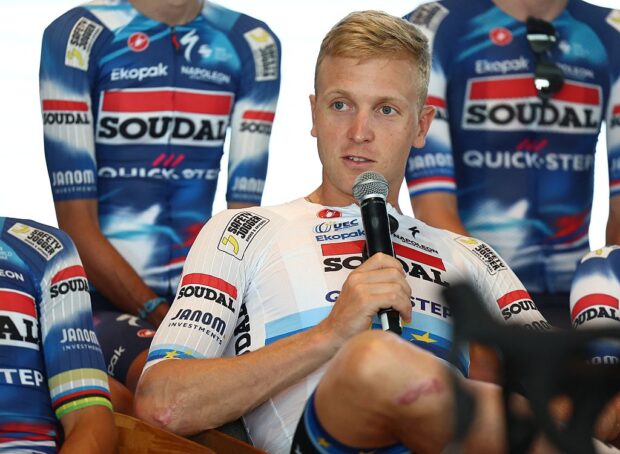Belgian Tim Merlier of Soudal Quick-Step pictured during a press conference ahead of the 2025 Tour de France cycling race, Wednesday 02 July 2025, in Kruisem. The 112th edition of the Tour de France starts on Saturday 5 July in Lille, France, and will finish in Paris, France on the 27th of July. BELGA PHOTO DAVID PINTENS (Photo by DAVID PINTENS / BELGA MAG / Belga via AFP) (Photo by DAVID PINTENS/BELGA MAG/AFP via Getty Images)