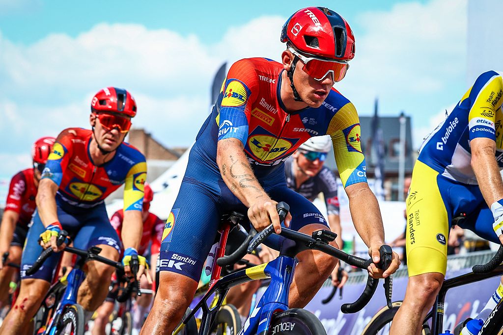Belgian Thibau Nys of Lidl-Trek pictured in action during the men's elite road race of the Belgian Cycling Championships, 230km from and to the Grand Place square in Binche on Sunday 29 June 2025. BELGA PHOTO DAVID PINTENS (Photo by DAVID PINTENS / BELGA MAG / Belga via AFP) (Photo by DAVID PINTENS/BELGA MAG/AFP via Getty Images)