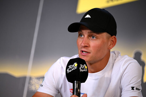 LILLE, FRANCE - JULY 03: Mathieu Van Der Poel of Netherlands during the press conference of Team Alpecin - Deceuninck prior to the 112th Tour de France 2025 / #UCIWT / on July 03, 2025 in Lille, France. (Photo by Dario Belingheri/Getty Images)