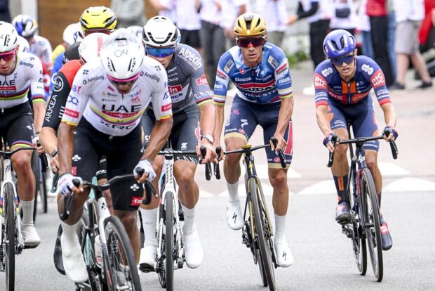 Ecuadorian Jhonatan Narvaez of UAE Team Emirates, Dutch Mathieu van der Poel of Alpecin-Deceuninck, Belgian Remco Evenepoel of Soudal Quick-Step and British Edgar Oscar Onley of Team Picnic PostNL pictured in action during the second stage of the 2025 Tour de France cycling race, from Lauwin-Planque to Boulogne-sur-Mer (212 km), on Sunday 06 July 2025 in France. The 112th edition of the Tour de France starts on Saturday 5 July in Lille, and will finish in Paris on the 27th of July. BELGA PHOTO POOL BERNARD PAPON (Photo by POOL BERNARD PAPON / BELGA MAG / Belga via AFP)