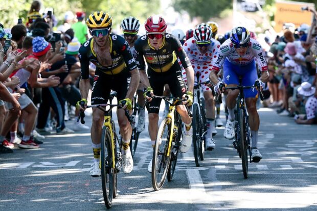 British Simon Philip Yates of Team Visma-Lease a Bike and Danish Jonas Vingegaard Hansen of Team Visma-Lease a Bike pictured in action during stage seven of the 2025 Tour de France cycling, from Saint-Malo to Mur-de-Bretagne (194 km), on Friday 11 July 2025 in France. The 112th edition of the Tour de France starts on Saturday 5 July in Lille, France, and will finish in Paris, France on the 27th of July. BELGA PHOTO POOL LUCA BETTINI (Photo by POOL LUCA BETTINI / BELGA MAG / Belga via AFP)