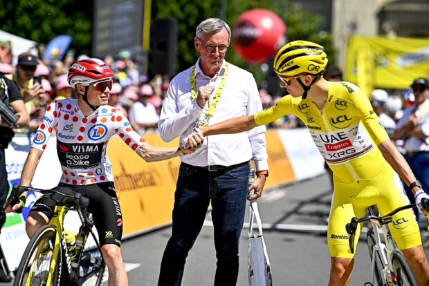 Jonas Vingegaard of Team Visma-Lease a Bike and Slovenian Tadej Pogacar of UAE Team Emirates pictured at the start of stage six of the 2025 Tour de France