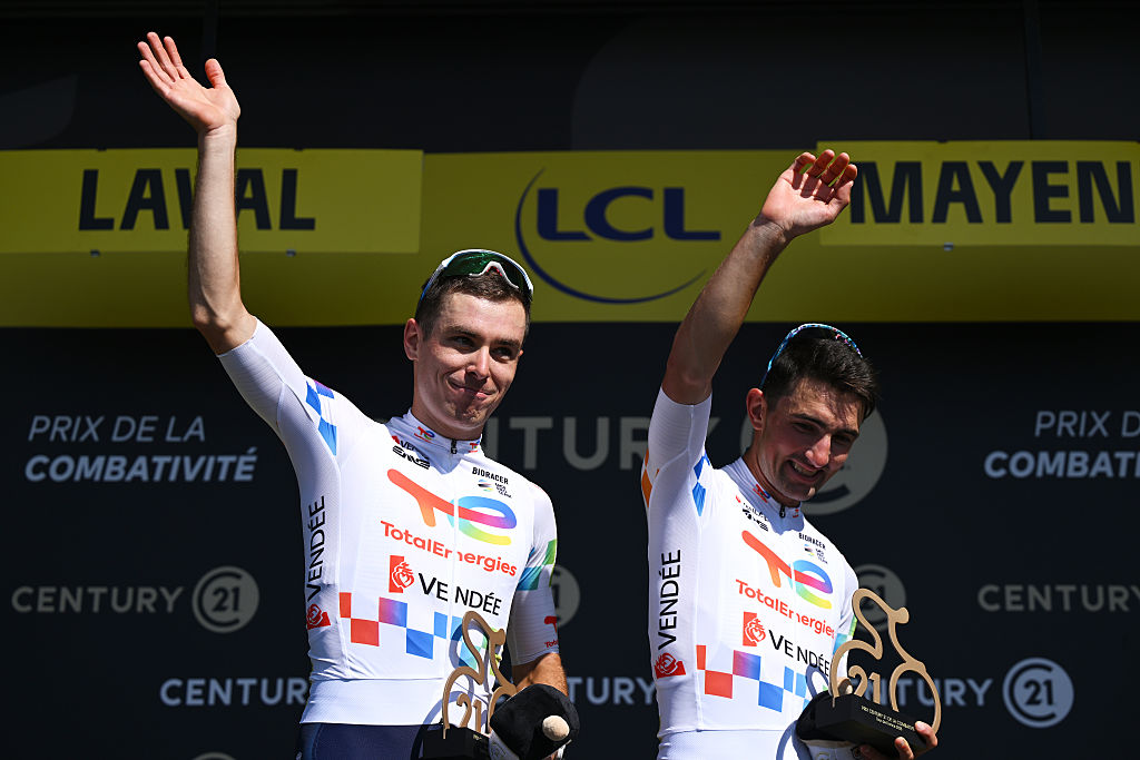 LAVAL, FRANCE - JULY 12: (L-R) Matteo Vercher of France and Mathieu Burgaudeau of France and Team TotalEnergies celebrate at podium as most combative riders prize winners during the 112th Tour de France, Stage 8 a 197km stage from Saint-Meen-le-Grand to Laval (Espace Mayenne) / #UCIWT / on July 12, 2025 in Laval, France.
