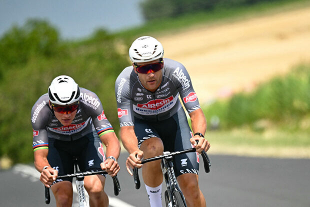 Alpecin - Deceuninck team's Dutch rider Mathieu van der Poel and Alpecin - Deceuninck team's Belgian rider Jonas Rickaert cycle in a breakaway during the 9th stage of the 112th edition of the Tour de France cycling race, 174.1 km between Chinon and Chateauroux, central France, on July 13, 2025. (Photo by Loic VENANCE / AFP)