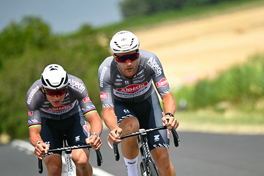 Alpecin - Deceuninck team's Dutch rider Mathieu van der Poel and Alpecin - Deceuninck team's Belgian rider Jonas Rickaert cycle in a breakaway during the 9th stage of the 112th edition of the Tour de France cycling race, 174.1 km between Chinon and Chateauroux, central France, on July 13, 2025. (Photo by Loic VENANCE / AFP)