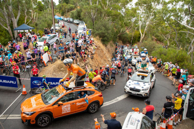 ADELAIDE, AUSTRALIA - JANUARY 18: Tour Parade cars at the top of the King of the Mountain at Corkscrew road during Stage 4 from Unley to Campbelltown of the Santos Tour Down Under on January 18, 2019 in Campbelltown, Australia. (Photo by Peter Mundy/Getty Images)