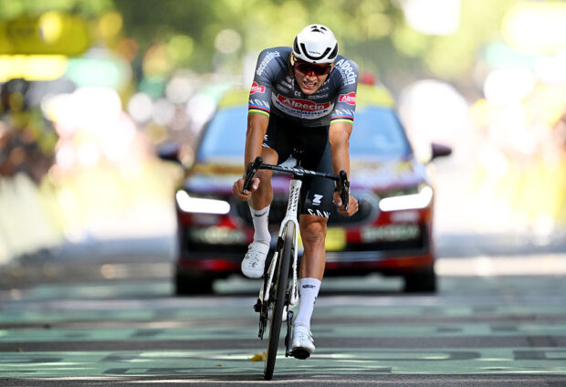 TOULOUSE, FRANCE - JULY 16: Mathieu van der Poel of Netherlands and Team Alpecin - Deceuninck crosses the finish line during the 112th Tour de France 2025, Stage 11 a 156.8km stage from Toulouse to Toulouse / #UCIWT / on July 16, 2025 in Toulouse, France. (Photo by Dario Belingheri/Getty Images)