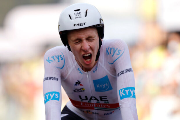 LA PLANCHE, FRANCE - SEPTEMBER 19: Arrival / Tadej Pogacar of Slovenia and UAE Team Emirates White Best Young Jersey / Celebration / during the 107th Tour de France 2020, Stage 20 a 36,2km Individual Time Trial stage from Lure to La Planche Des Belles Filles 1035m / ITT / #TDF2020 / @LeTour / on September 19, 2020 in La Planche, France. (Photo by Christophe Ena - Pool/Getty Images)